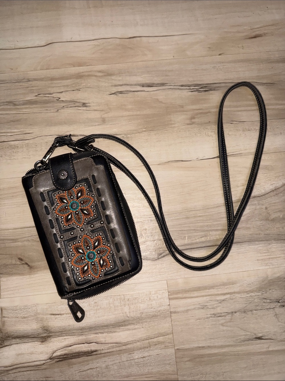 Montana West Black and Brown Floral Embellished Crossbody Wallet